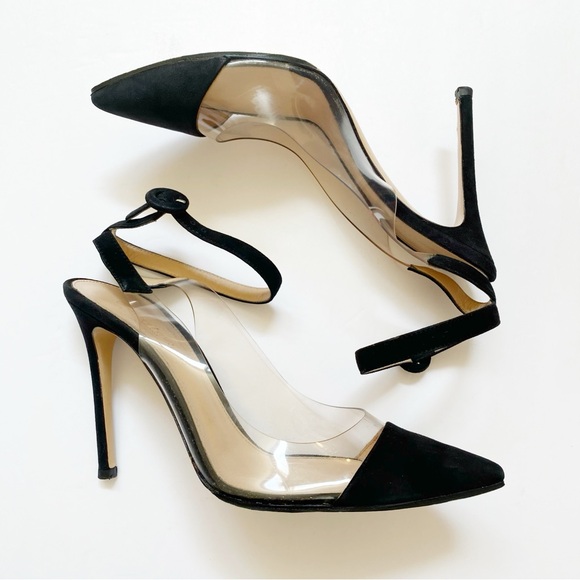 GIANVITO ROSSI CLEAR PLASTIC BLACK SUEDE SLINGBACK ANKLE STRAP POINTY TOE HEELS - Picture 3 of 13